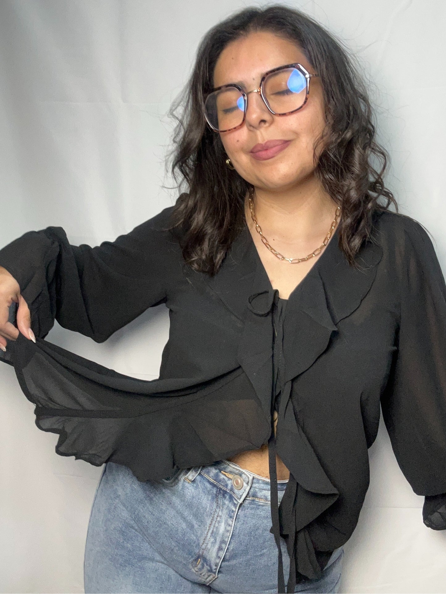 Blusa Olanes Angela Negro Doble Lazo