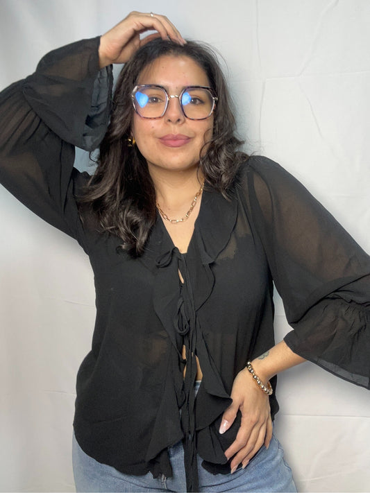 Blusa Olanes Angela Negro Doble Lazo
