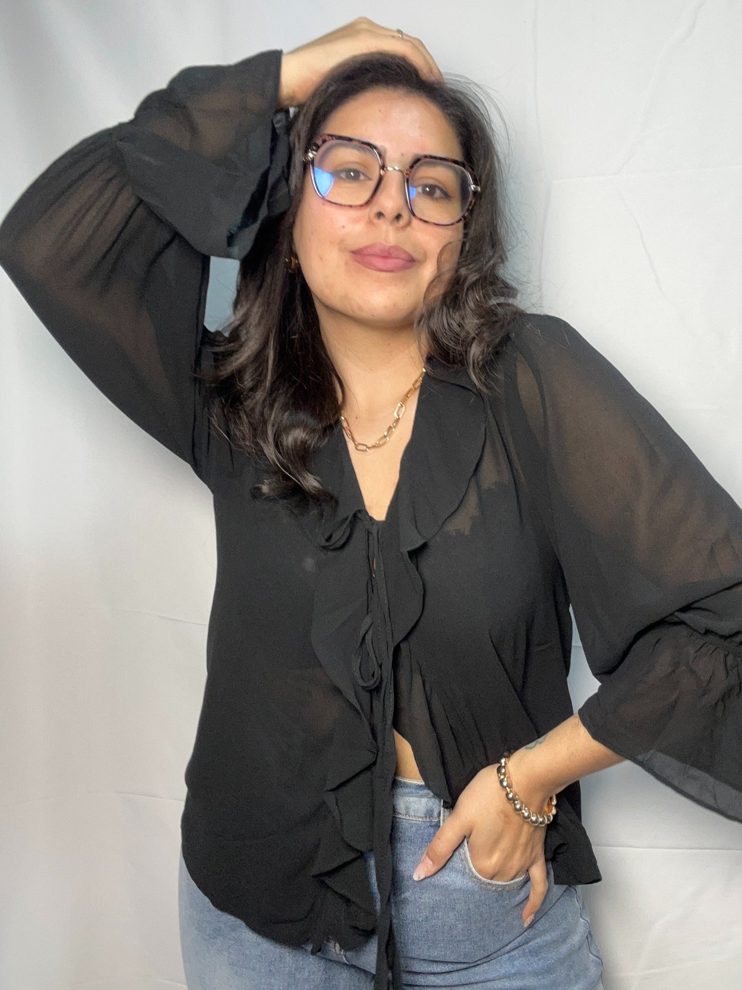 Blusa Olanes Angela Negro Doble Lazo