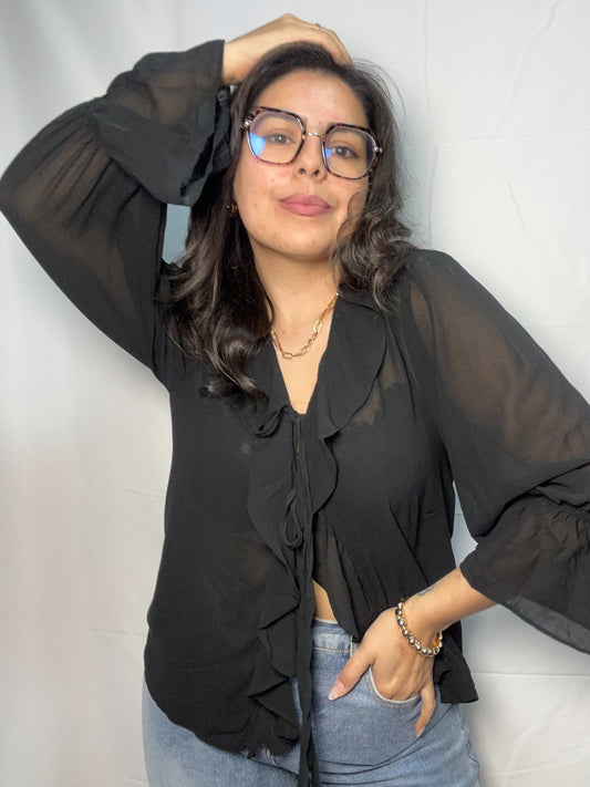 Blusa Olanes Angela Negro Doble Lazo