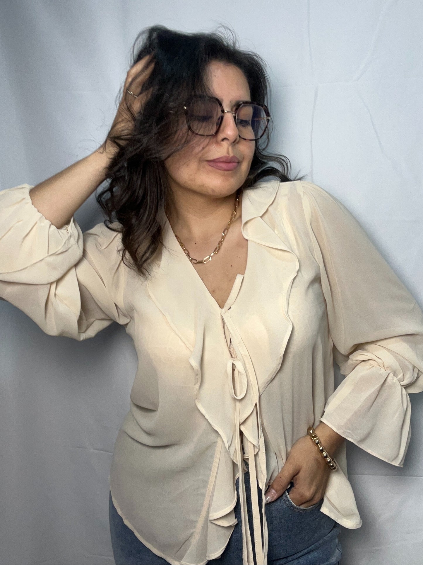 Blusa Olanes Angela Crema Doble Lazo